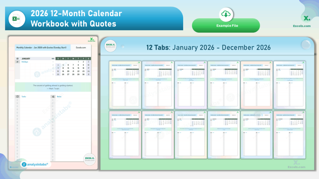 2026 12-Month Calendar Workbook with Quotes