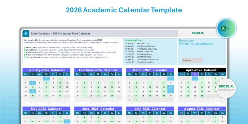 2026 Academic Calendar Template Excel