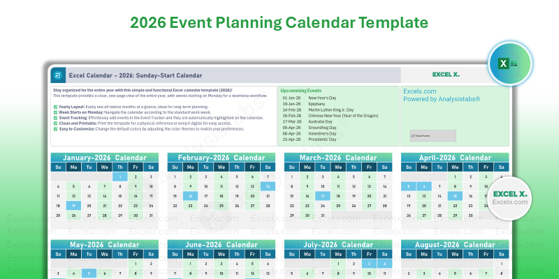 2026 Event Planning Calendar Excel Template