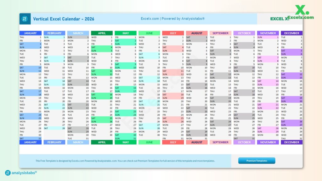 2026 Full Year Vertical Calendar Template