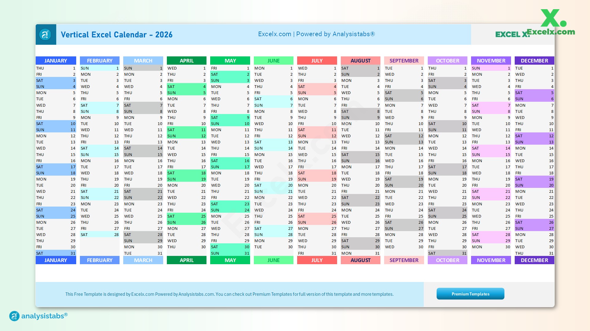 2026 Excel Calendar Templates Free Download w Week Numbers 