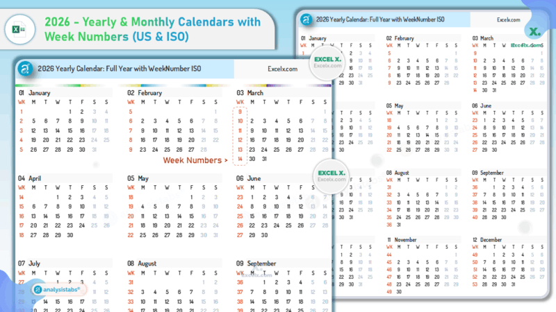 2026 Yearly & Monthly Calendars with Week Numbers (US & ISO)
