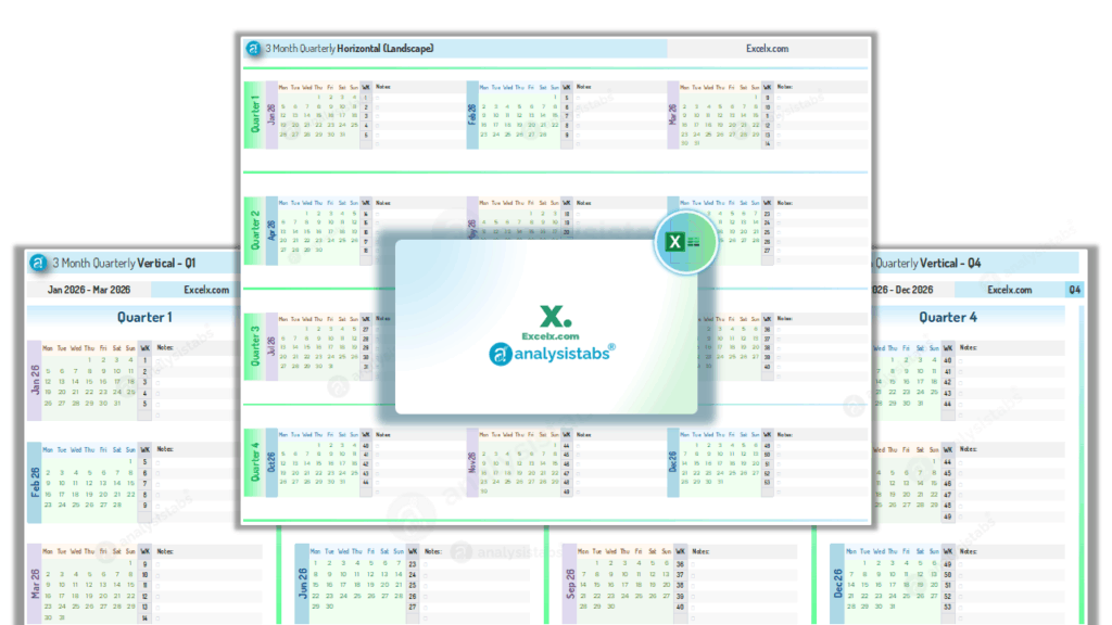 3 Month Quarterly Calendars for Year 2026