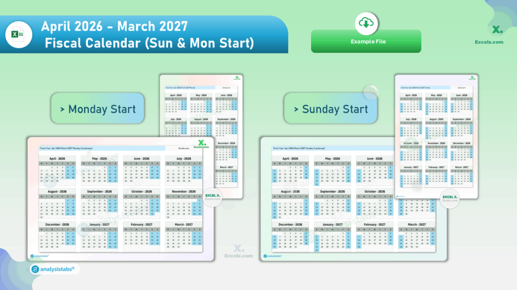 April 2026 - March 2027 Fiscal Calendar (Sun & Mon Start)