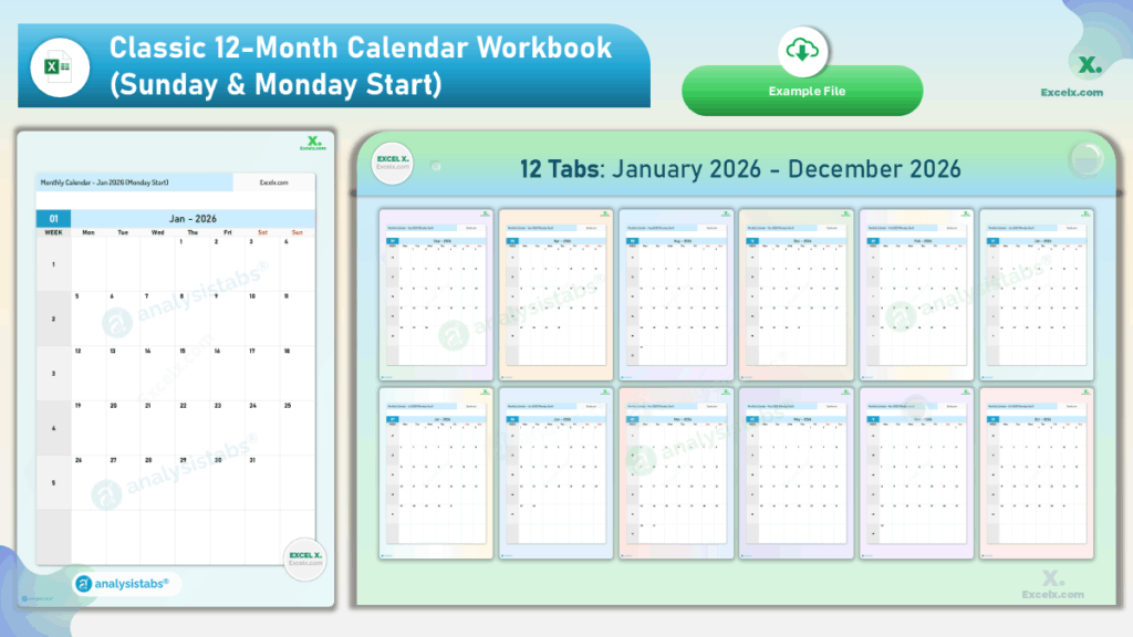Classic 12-Month Calendar Workbook (Sunday & Monday Start)