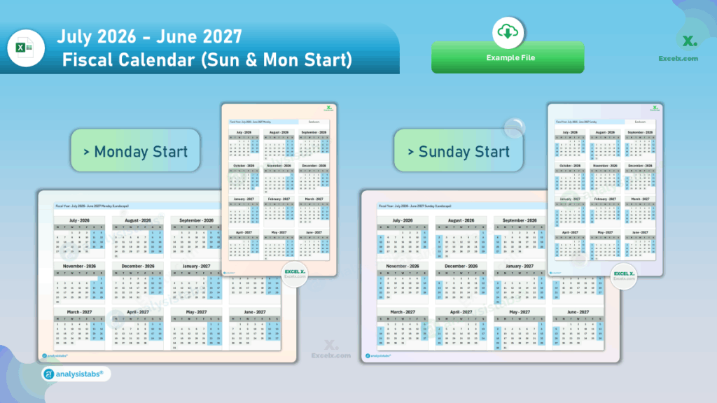 July 2026 - June 2027 Fiscal Calendar (Sun & Mon Start)