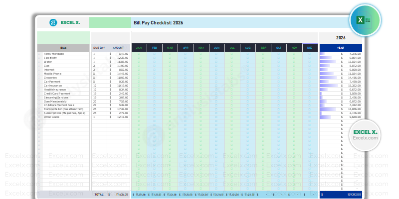 Monthly Bill Calendar Template