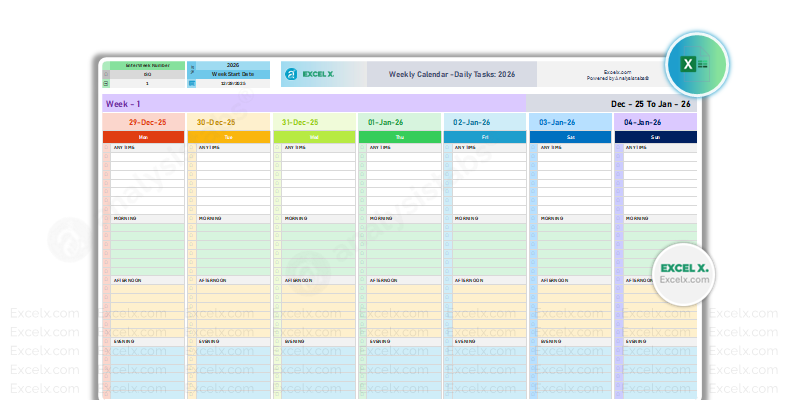Weekly Calendar -Daily Tasks