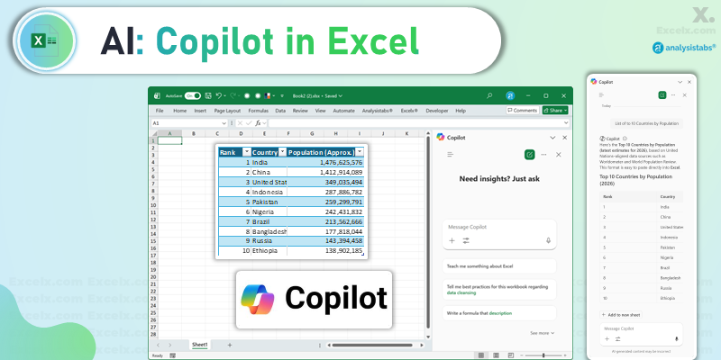 Screenshot of the Copilot side panel in Excel showing a user prompt and Copilot's response