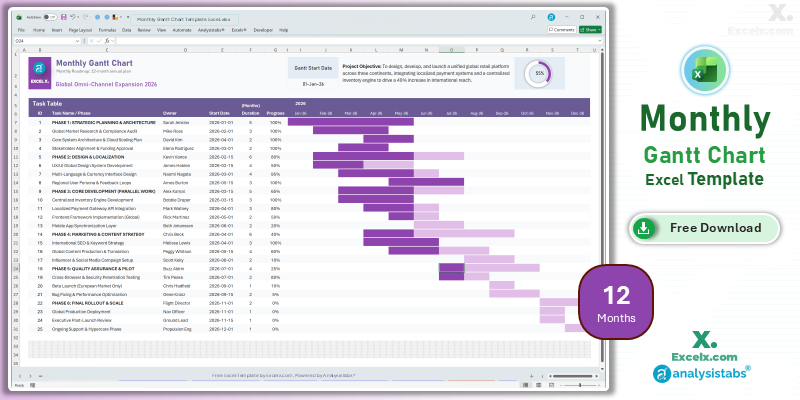12 month gantt chart template excel for annual strategic planning and yearly project roadmaps.
