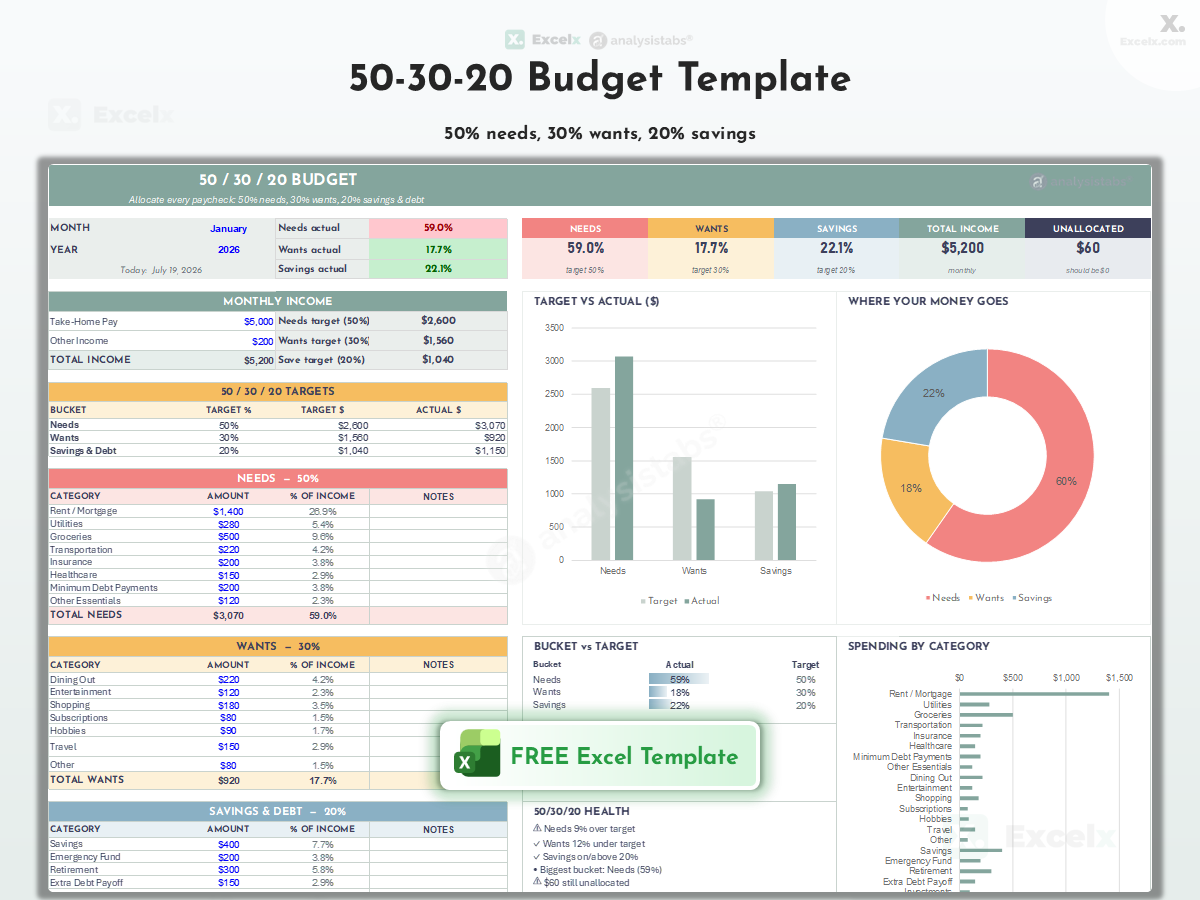 Free 50-30-20 Budget Template