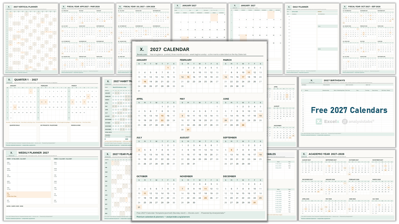 2027 Calendar Templates in Excel and PDF