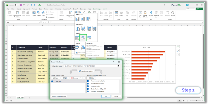 Excel Insert menu with Stacked Bar selected and the Select Data dialog adding the Start Date series